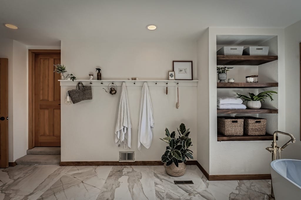 bathroom marble floor shelves wooden door denver co