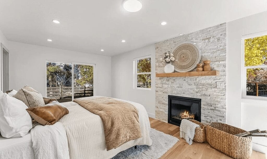 cozy bedroom large bed fireplace denver co