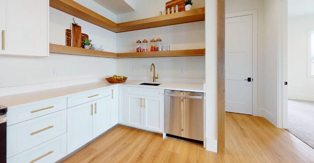 golden faucet white cabinets wood shelves kitchen remodeling project denver co