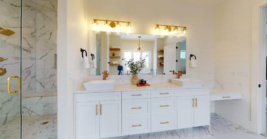 modern bathroom large mirror double vanity denver co