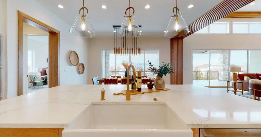 white farmhouse sink large windows dining area kitchen remodeling denver co